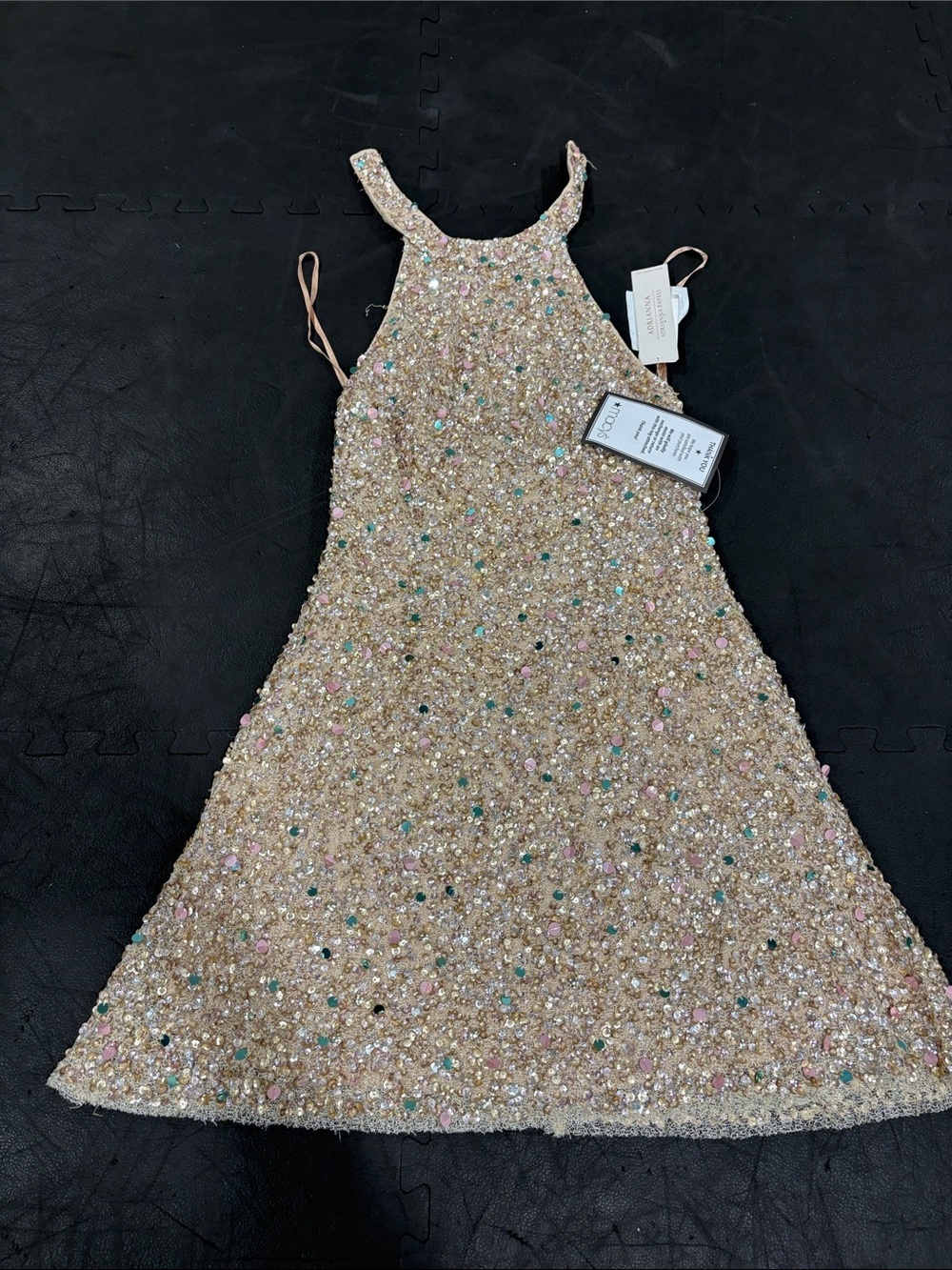 Jovani Gold Sequin Halter Prom Dress with Multicolor Gems